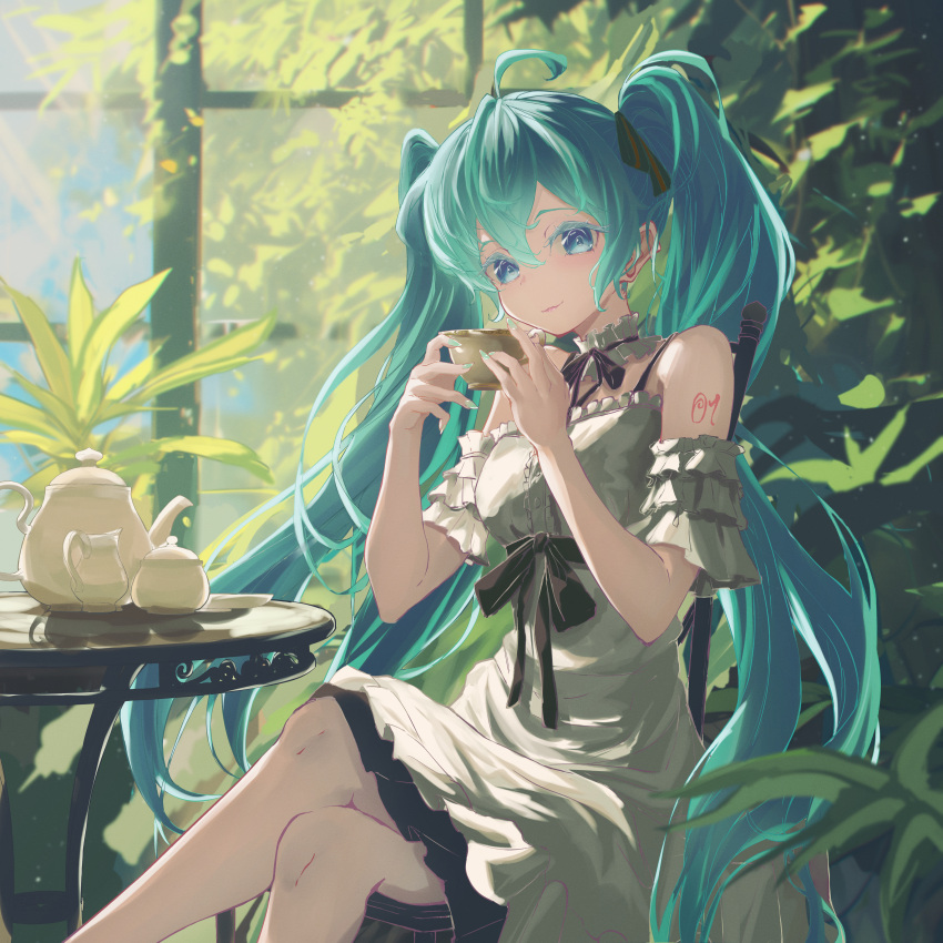 1girl absurdres blue_eyes blue_hair chair choker crossed_legs cup detached_sleeves dress frilled_choker frills hair_ribbon hatsune_miku highres holding holding_cup long_hair looking_at_viewer nail_polish no_renor_en plant ribbon short_sleeves sitting sleeveless sleeveless_dress smile solo table teacup teapot twintails very_long_hair vocaloid window