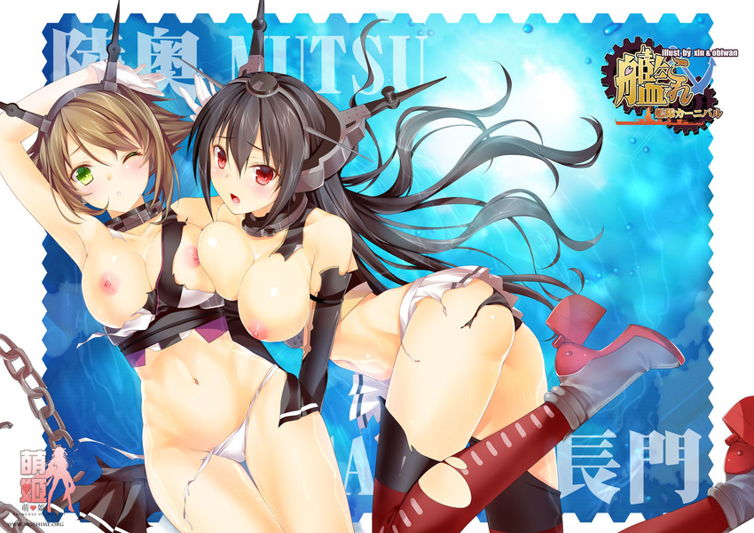 bare_shoulders black_hair blush breasts brown_hair comic gloves green_eyes hairband headgear kantai_collection large_breasts long_hair multiple_girls mutsu_(kantai_collection) nagato_(kantai_collection) nipples obiwan panties short_hair torn_clothes underwear weisuoxin