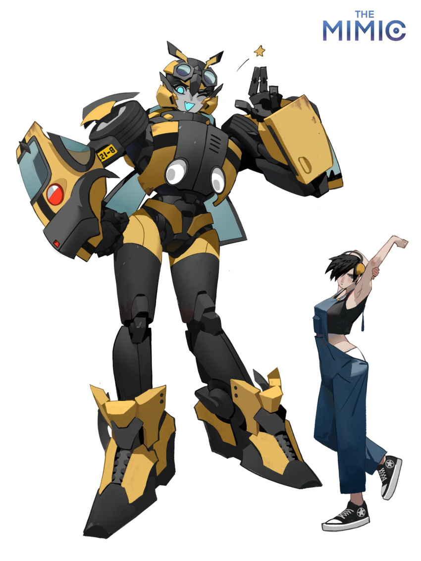 2girls autobot black_hair black_shirt blue_eyes blue_overalls bumblebee_(transformers) cropped_shirt fang frown genderswap genderswap_(mtf) hair_over_one_eye headphones highres holding_own_arm kamitoge_supino looking_at_viewer mecha midriff multiple_girls one_eye_closed one_eye_covered overalls redesign robot shirt short_hair shorts skin_fang smile spike_witwicky transformers waving white_shorts