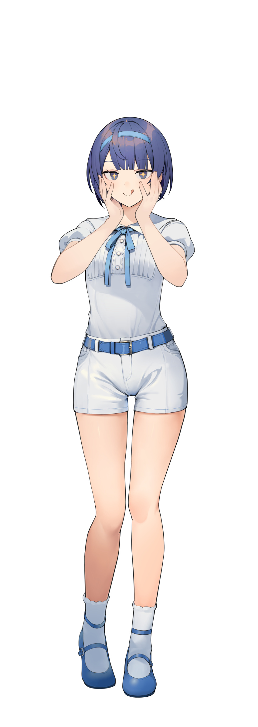 1girl :q absurdres belt belt_buckle blue_belt blue_eyes blue_footwear blue_hair blue_hairband blue_ribbon blunt_bangs buckle cevio collared_shirt commentary_request dot_nose full_body hairband hands_on_own_cheeks hands_on_own_face highres light_blush looking_at_viewer mary_janes neck_ribbon psd_available puffy_short_sleeves puffy_sleeves ribbon shirinda_fureiru shirt shirt_tucked_in shoes short_hair short_shorts short_sleeves shorts simple_background smug socks solo standing star_(symbol) star_in_eye straight-on suzuki_tsudumi symbol_in_eye tachi-e tongue tongue_out transparent_background variant_set white_shorts white_socks