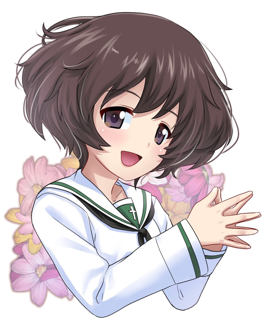 1girl :d akiyama_yukari black_neckerchief blouse brown_eyes brown_hair cropped_torso floral_background girls_und_panzer highres long_sleeves looking_at_viewer messy_hair neckerchief one-hour_drawing_challenge ooarai_school_uniform open_mouth own_hands_together portrait school_uniform serafuku shiina_excel shirt short_hair smile solo white_background white_shirt