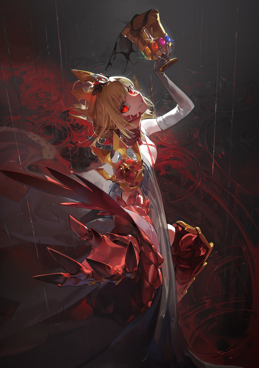 1girl absurdres blonde_hair blood breasts chalice commentary crown cup elbow_gloves fate/grand_order fate_(series) gloves grin highres looking_at_viewer nero_claudius_(fate) outstretched_arm queen_draco_(fate) queen_draco_(second_ascension)_(fate) red_eyes ruint single_elbow_glove single_glove small_breasts smile solo