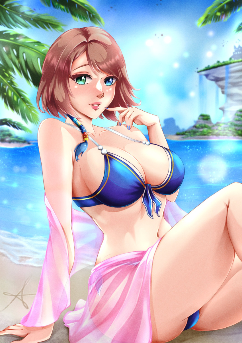 1girl absurdres arm_support ass asymmetrical_bangs bare_shoulders beach beads bikini blue_bikini blue_nails blue_sky blurry blurry_background bob_cut breasts brown_hair cleavage day final_fantasy final_fantasy_x finger_to_mouth fingernails front-tie_bikini_top front-tie_top gold_trim hair_ornament highres large_breasts navel outdoors palm_tree parted_hair parted_lips pink_sarong pink_sash pink_shawl raised_eyebrows red_draws5 sand sarong sash see-through see-through_sarong see-through_shawl shawl signature sitting sky solo swimsuit tassel tassel_hair_ornament teeth tree water waterfall yuna_(ff10)