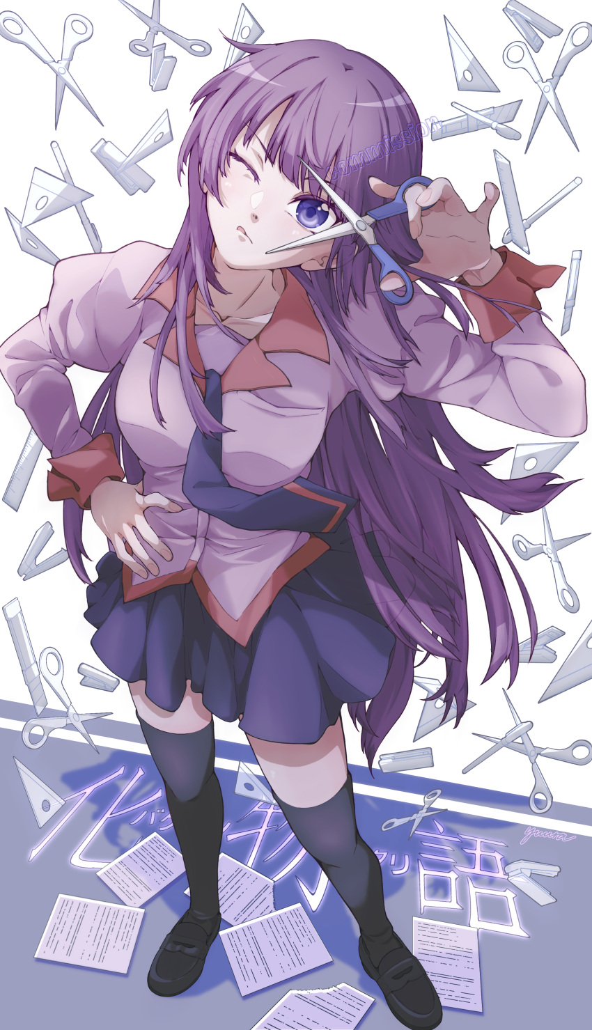 1girl absurdres artist_name bakemonogatari black_footwear black_thighhighs blue_eyes blue_necktie blue_skirt boxcutter breasts closed_mouth collarbone commission copyright_name eyelashes full_body hand_on_own_hip hand_up highres juliet_sleeves long_hair long_sleeves looking_at_viewer medium_breasts miniskirt monogatari_(series) naoetsu_high_school_uniform necktie pen pink_shirt pleated_skirt puffy_sleeves purple_hair school_uniform scissors senjougahara_hitagi shadow shirt sidelocks skirt solo standing stapler thighhighs tongue tongue_out very_long_hair white_background yuurauue zettai_ryouiki