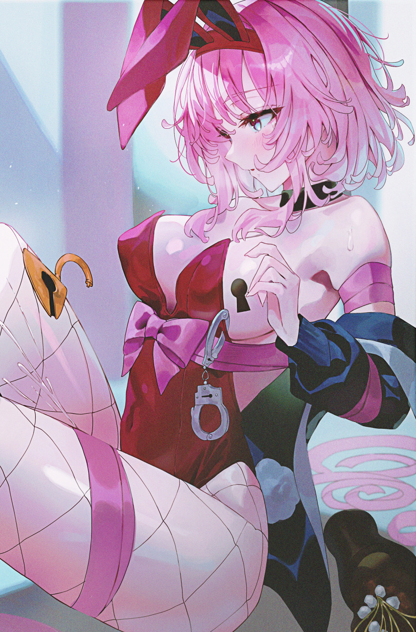 1girl absurdres animal_ears arm_ribbon bare_shoulders black_choker black_jacket blue_eyes blush breasts choker collarbone covered_navel cuffs fishnet_pantyhose fishnets from_side hairband handcuffs highres honkai:_star_rail honkai_(series) indol jacket large_breasts leg_ribbon leotard lock looking_down march_7th_(honkai:_star_rail) medium_hair nose padlock pantyhose pink_hair pink_ribbon plant playboy_bunny potted_plant rabbit_ears rabbit_tail red_hairband red_leotard ribbon sitting solo strapless strapless_leotard tail thigh_ribbon thighs