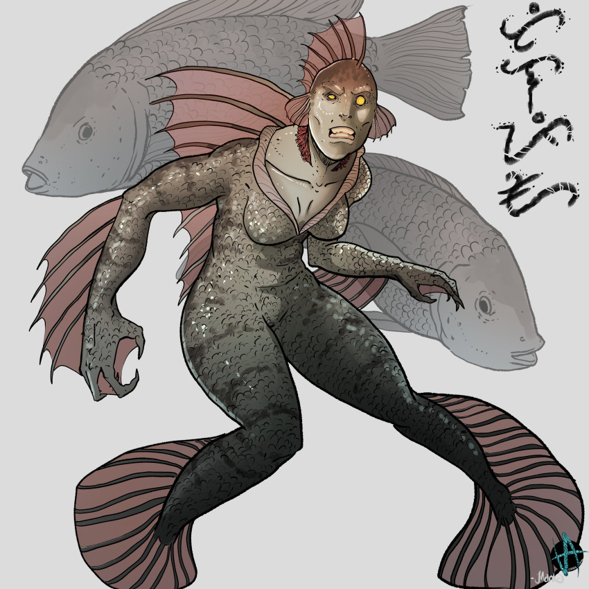 1:1 2023 4_claws 4_fingers absurd_res ambiguous_gender anthro anthro_focus arm_fin artist_logo artist_name baybayin_text biped black_text breasts cheek_fins cichlid claws collarbone colored digital_drawing_(artwork) digital_media_(artwork) dorsal_fin eyebrows female female_focus feral fin finger_claws fingers fish gills grey_background grey_body grey_scales group head_fin hi_res leg_fins logo looking_at_viewer marine markoriginals membrane_(anatomy) mermay mermay_2023 neck_gills non-mammal_breasts red_gills scales shaded signature simple_background solo_focus spines striped_arms striped_body striped_legs striped_scales stripes teeth text thick_thighs tilapia webbed_hands white_text yellow_eyes