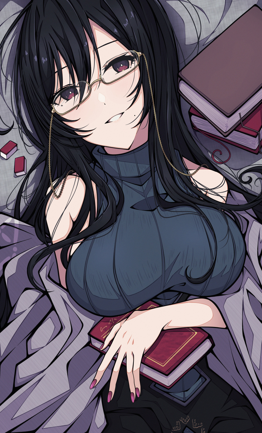 1girl absurdres bare_shoulders black_hair black_sweater blush book breasts commentary_request eyewear_strap glasses grey-framed_eyewear grin hair_between_eyes highres holding holding_book kakuzatou_(cubesugar03196) large_breasts long_bangs long_hair looking_at_viewer lying mahjong_soul mahjong_tile mole mole_under_mouth on_back onodera_nanaha ribbed_sweater semi-rimless_eyewear sleeveless sleeveless_turtleneck smile solo sweater turtleneck turtleneck_sweater under-rim_eyewear upper_body