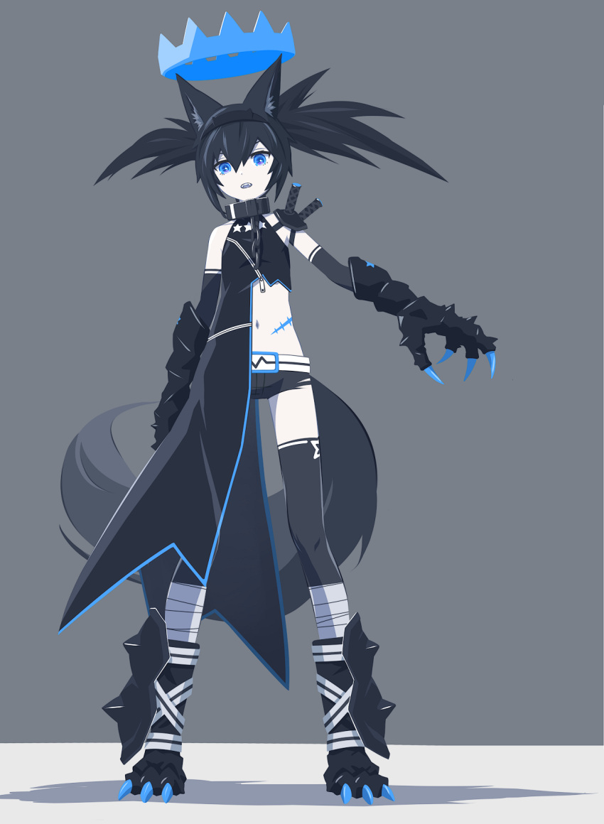 1girl 32zzz alternate_costume animal_ear_fluff animal_ears asymmetrical_dress bare_shoulders black_dress black_hair black_rock_shooter black_rock_shooter_(character) black_shorts black_thighhighs blue_eyes claws dress floating_crown hair_between_eyes highres long_hair navel open_mouth scar scar_on_stomach short_shorts shorts sidelocks solo stitches tail teeth thighhighs twintails uneven_twintails upper_teeth_only wolf_ears wolf_tail