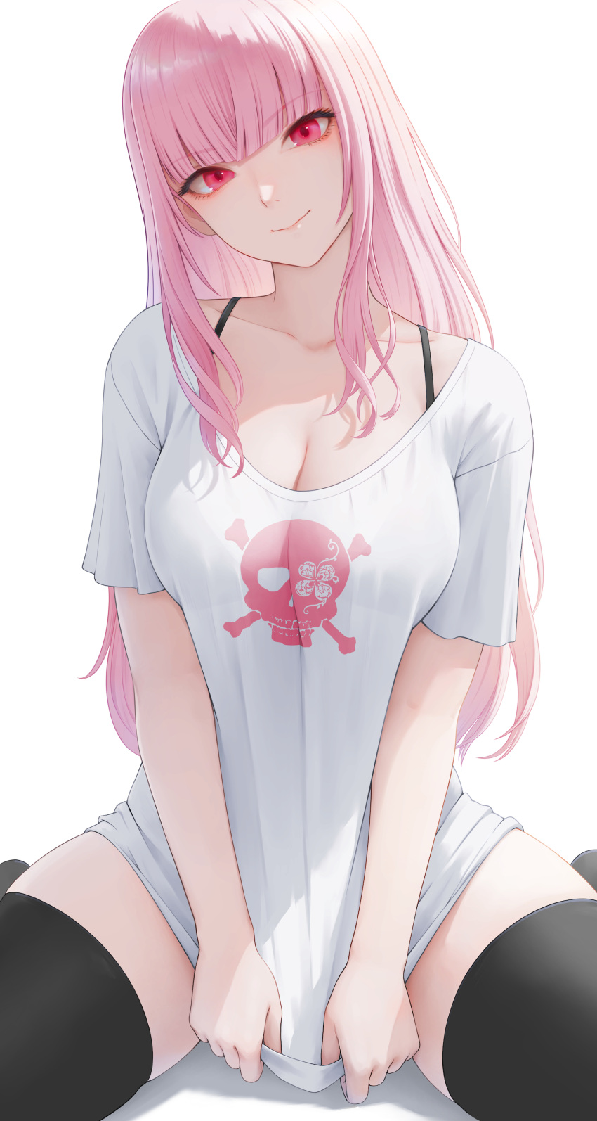 1girl absurdres black_thighhighs bra_strap breasts cleavage highres hololive hololive_english large_breasts long_hair looking_at_viewer mori_calliope okoge_lab pink_hair red_eyes shirt simple_background smile solo t-shirt thighhighs virtual_youtuber