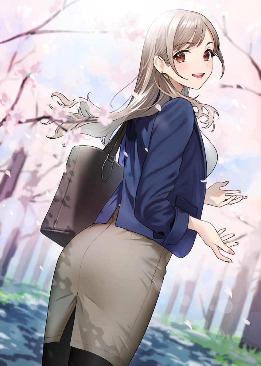 1girl akaori_umeka bag black_pantyhose blue_jacket blurry blurry_background blush breasts brown_hair brown_skirt cherry_blossoms commentary_request dappled_sunlight day doushimasho earrings falling_petals feet_out_of_frame fingernails floating_hair from_behind highres jacket jewelry large_breasts lens_flare long_fingernails long_hair long_sleeves looking_at_viewer looking_back mole mole_under_eye nail_polish office_lady open_mouth original outdoors pantyhose pencil_skirt petals pink_nails shoulder_bag skirt smile solo standing suit_jacket sunlight swept_bangs teeth tree upper_teeth_only