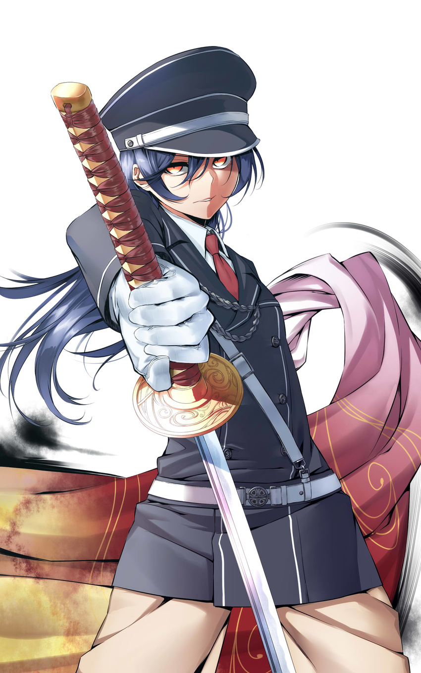 absurdres blue_hair collared_shirt cowboy_shot expressionless hair_between_eyes head_tilt highres holding holding_sword holding_weapon katana long_hair looking_at_viewer love_live! love_live!_school_idol_project military military_uniform necktie parted_lips red_neckwear shirt simple_background sizuka_(takuma0) solo sonoda_umi standing sword uniform weapon white_background yellow_eyes