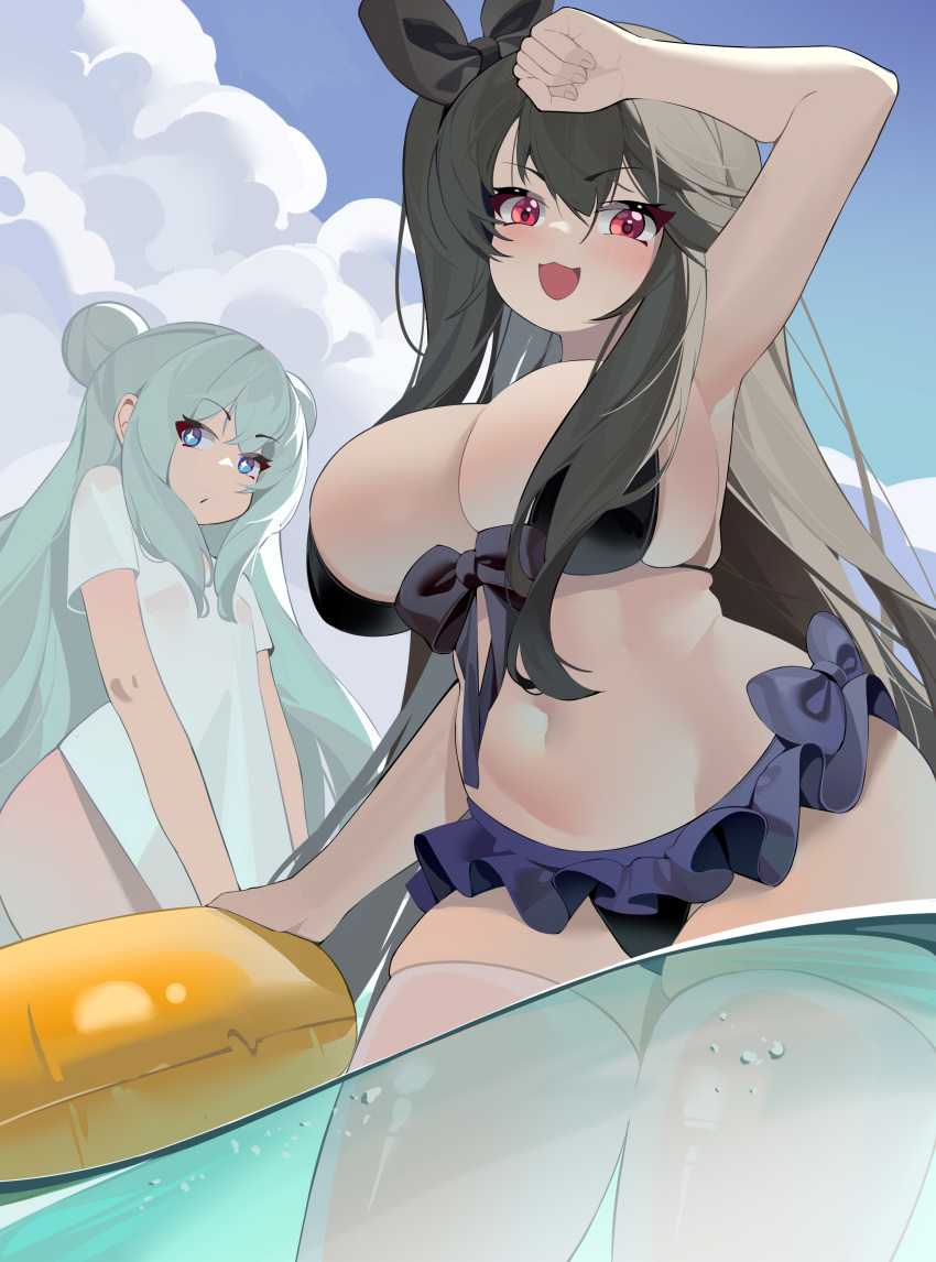 2girls :3 absurdres arm_up armpits azur_lane bikini black_bikini black_hair blue_eyes blue_sky blush breasts closed_mouth clothes_pull cloud curvy day double_bun dress frilled_dress frills green_hair hair_bun highres innertube large_breasts le_malin_(azur_lane) looking_at_viewer multiple_girls navel ocean open_mouth outdoors pamiat_merkuria_(azur_lane) partially_submerged red_eyes shirt shirt_pull sideboob sky smile sp_(8454) standing swim_ring swimsuit t-shirt thighhighs thighs white_shirt white_thighhighs yellow_innertube