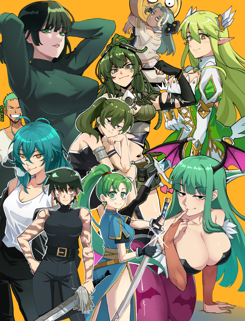 1boy a.b.a arm_strap armor bags_under_eyes bandaged_chest bandaged_neck bandages blood blood_on_bandages breasts burn_scar crossover dress fire_emblem fire_emblem:_the_blazing_blade fubuki_(one-punch_man) green_hair guilty_gear guilty_gear_strive headband high-waist_pants highres jujutsu_kaisen jujutsu_tech_uniform key key_in_head large_breasts lyn_(fire_emblem) morrigan_aensland multiple_girls muscular muscular_female object_through_head one-punch_man one_piece pants paracelsus_(guilty_gear) roronoa_zoro scar scar_on_arm scar_on_face scars_all_over side_ponytail skinipik sousou_no_frieren stitched_mouth stitches too_many too_many_scars ubel_(sousou_no_frieren) vampire_(game) white_headband wings zen'in_maki