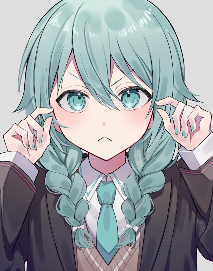 1girl :&lt; blue_eyes blue_hair braid collared_shirt hatsune_miku highres jacket kikutouji long_hair long_sleeves looking_at_viewer nail_polish necktie school_uniform shirt solo sweater twin_braids upper_body v-shaped_eyebrows vocaloid