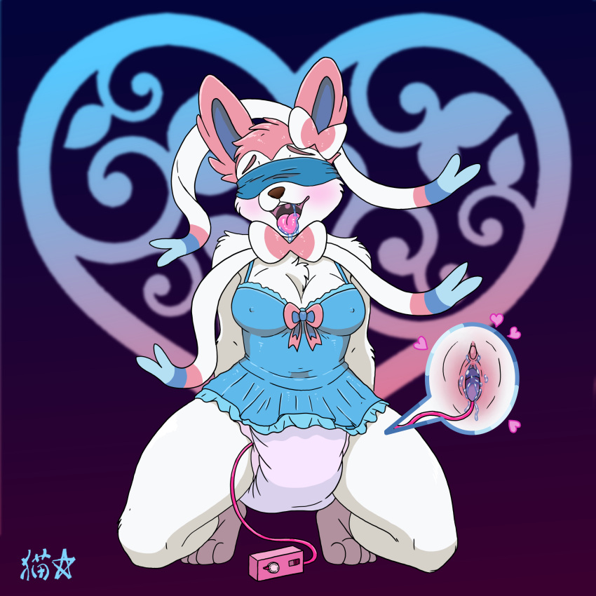 anthro blindfold blush bodily_fluids bow_ribbon clitoris clothed clothing cutaway diaper eeveelution egg_vibrator female generation_6_pokemon genital_fluids genitals heart_background heart_symbol hearts_around_body hi_res kneeling looking_pleasured nightgown nintendo nipple_outline pokemon pokemon_(species) saliva saliva_string sex_toy simple_background solo stargal_galexi sylveon tongue tongue_out vaginal_fluids vibrator wearing_diaper