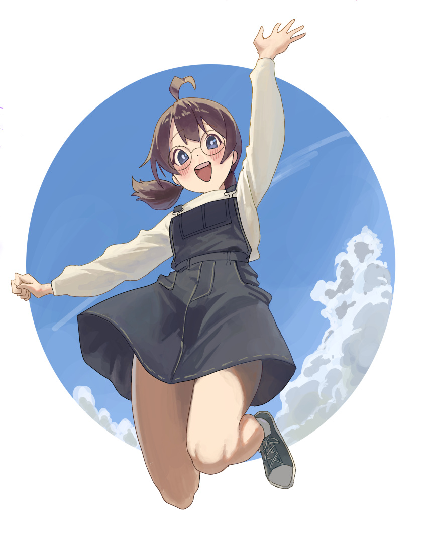 1girl absurdres ahoge blue_eyes blush brown_hair cloud djmax djmax_respect glasses highres jumping looking_at_viewer open_mouth overalls play_(djmax) shirt skirt solo syc2159 twintails white_shirt