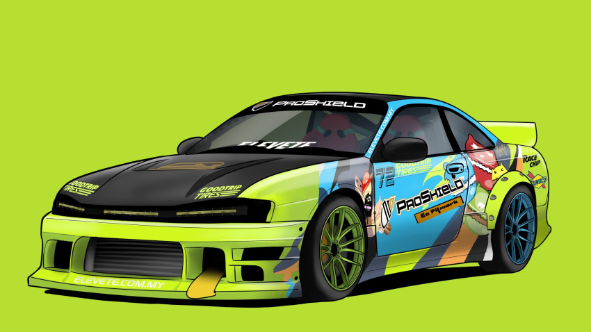 car commission green_background highres manziqr motor_vehicle nissan nissan_s14_silvia nissan_silvia no_humans original shadow simple_background sports_car vehicle_focus