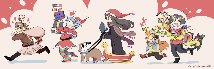 2022 5girls aioi_yuuko bag cat christmas christmas_lights christmas_ornaments christmas_present cube_hair_ornament dog english_text fake_antlers gift hair_ornament hat highres long_hair merry_christmas minakami_mai multiple_girls naganohara_mio nichijou oguri_cap_(nichijou) professor_shinonome sakamoto_(nichijou) santa_costume santa_hat scarf shinonome_nano short_hair signature sled snowii_cat twintails