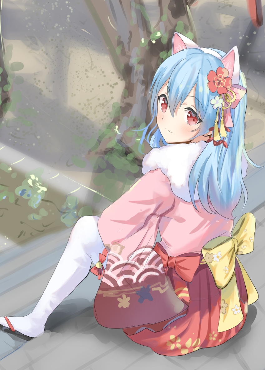 1girl aisu_(icicleshot) animal_ears back_bow blue_hair blush bow cat_ears closed_mouth commentary_request fake_animal_ears flower full_body fur_collar hair_between_eyes hair_flower hair_ornament highres igarashi_haruna long_bangs long_hair long_sleeves looking_at_viewer looking_back mahjong_soul pantyhose pink_flower pink_shirt red_bow red_eyes red_skirt shirt sitting skirt sleeves_past_fingers sleeves_past_wrists smile solo tassel tassel_hair_ornament tree white_pantyhose yellow_bow