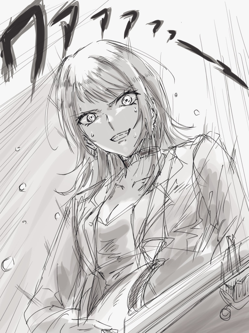 1girl bang_dream! bang_dream!_it's_mygo!!!!! breasts cleavage collarbone commentary_request greyscale grin highres jacket long_hair looking_at_viewer monochrome nagomu_7_56 open_clothes open_jacket playing_guitar shirt smile solo sweat translation_request upper_body yahata_umiri