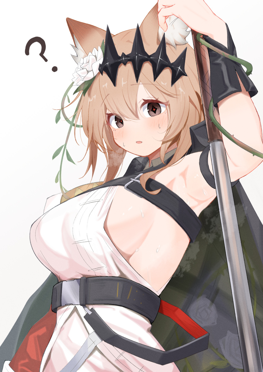 1girl ? absurdres animal_ears arknights armpit_crease armpits bare_shoulders black_jacket black_tiara blush breasts brown_eyes brown_hair cat_ears cat_girl chest_strap closed_mouth collared_shirt cowboy_shot flower hair_between_eyes hair_flower hair_ornament highres holding holding_polearm holding_weapon jacket looking_at_viewer medium_hair open_clothes open_jacket open_mouth pcaccount13 polearm rose shirt short_hair sideboob simple_background sleeveless sleeveless_shirt solo star-shaped_pupils star_(symbol) symbol-shaped_pupils tiara vendela_(arknights) weapon white_background