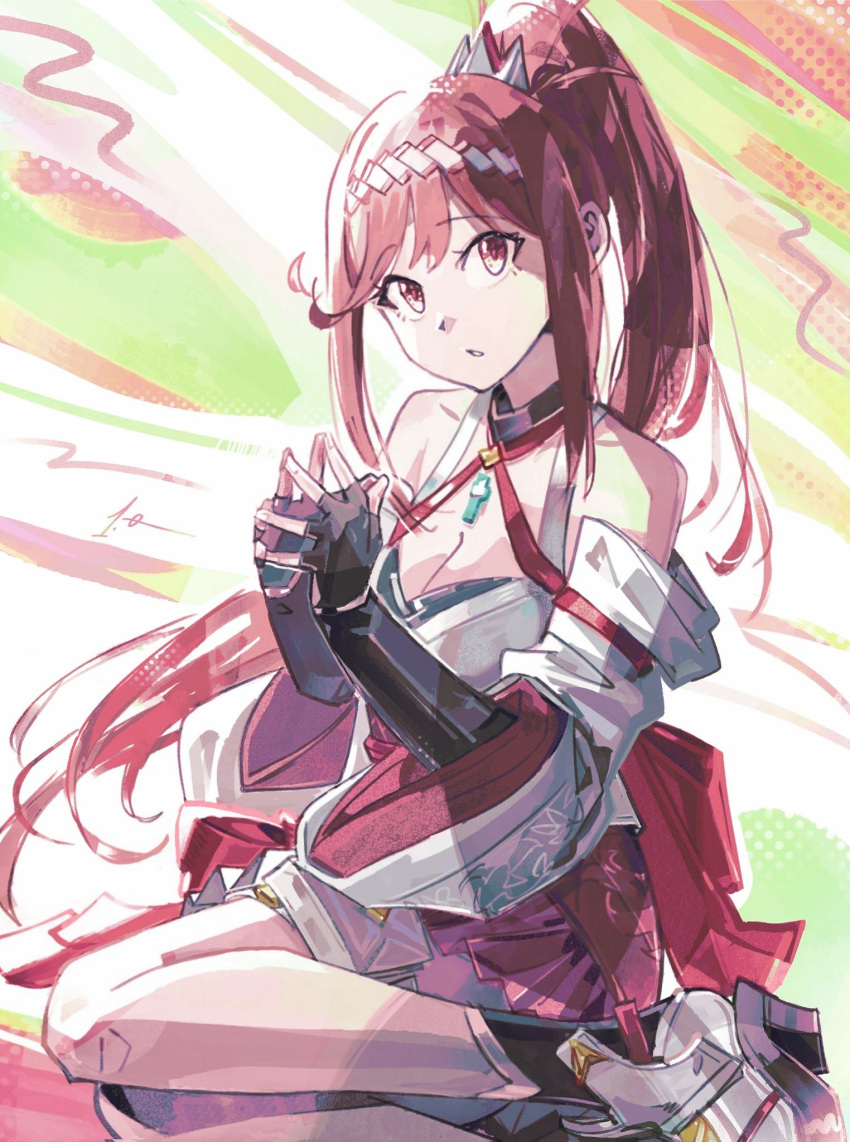 1girl chest_jewel core_crystal_(xenoblade) criss-cross_halter glimmer_(xenoblade) gloves hairband halterneck high_ponytail highres japanese_clothes kimono obi onepointzero ponytail pouch red_hair sash swept_bangs thigh_pouch two-tone_hairband white_kimono xenoblade_chronicles_(series) xenoblade_chronicles_3 xenoblade_chronicles_3:_future_redeemed