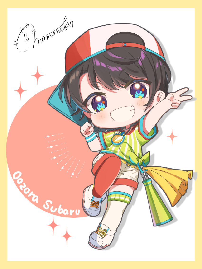 1girl :d asymmetrical_legwear baseball_cap black_hair blue_eyes character_name chibi chibi_only commentary_request full_body grin hat highres hololive looking_at_viewer loose_clothes loose_shirt megaphone mismatched_legwear momone_cco oozora_subaru oozora_subaru_(1st_costume) oversized_clothes oversized_shirt red_hat red_thighhighs shirt shoes short_hair short_sleeves shorts sideways_hat signature smile sneakers solo stopwatch striped_clothes striped_shirt swept_bangs t-shirt thighhighs tied_shirt two-tone_headwear two-tone_shirt v v-shaped_eyebrows vertical-striped_clothes vertical-striped_shirt virtual_youtuber white_footwear white_shirt white_shorts white_thighhighs wristband yellow_shirt
