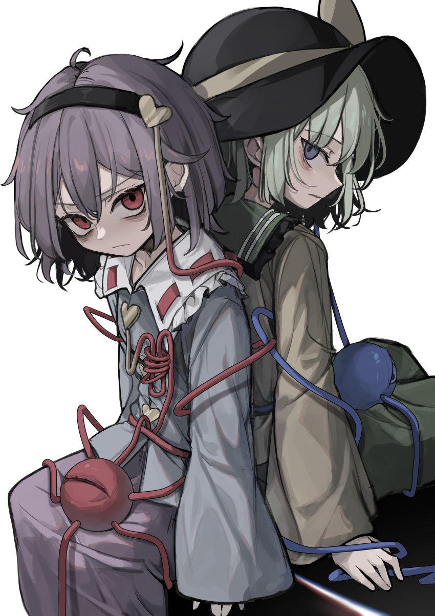 2girls absurdres back-to-back black_hairband black_hat blue_eyes blue_shirt buttons collared_shirt commentary eyeball frilled_shirt_collar frills glaring green_hair green_skirt hair_between_eyes hair_ornament hairband hat hat_ribbon heart heart_button heart_hair_ornament highres hisha_(kan_moko) komeiji_koishi komeiji_satori long_sleeves looking_at_viewer multiple_girls purple_hair purple_skirt red_eyes ribbon shirt siblings simple_background sisters sitting skirt third_eye touhou white_background yellow_ribbon yellow_shirt