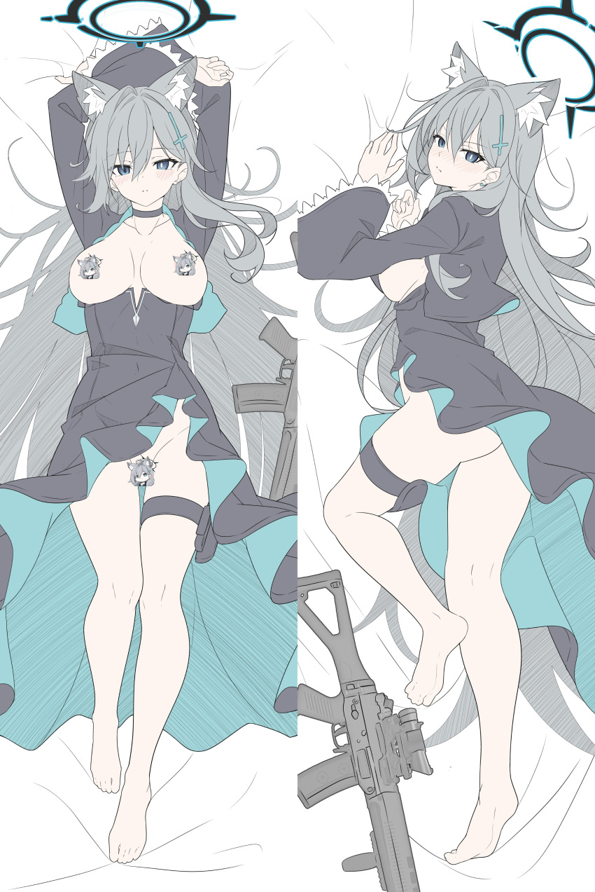 1girl absurdres animal_ear_fluff animal_ears arms_up ass barefoot bed_sheet black_dress black_eyes black_halo blue_archive breasts broken_halo censored character_censor commentary cross cross_hair_ornament dakimakura_(medium) dress extra_ears hair_ornament halo highres inverted_cross large_breasts long_hair long_sleeves looking_at_viewer lying masabodo no_bra no_panties novelty_censor on_back on_bed shiroko_(blue_archive) shiroko_terror_(blue_archive) symbol-only_commentary thigh_strap thighs toes wolf_ears wolf_girl