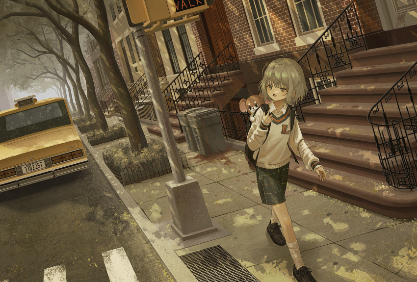 1boy :d backpack bag black_shorts car cityscape crosswalk day grey_eyes grey_hair highres house lamppost long_bangs long_sleeves looking_to_the_side male_focus motor_vehicle mouse_(animal) open_mouth original outdoors railing sasakure_(mogunonbi) scenery shorts sidewalk smile socks solo stairs sweater taxi traffic_light tree walking white_socks white_sweater