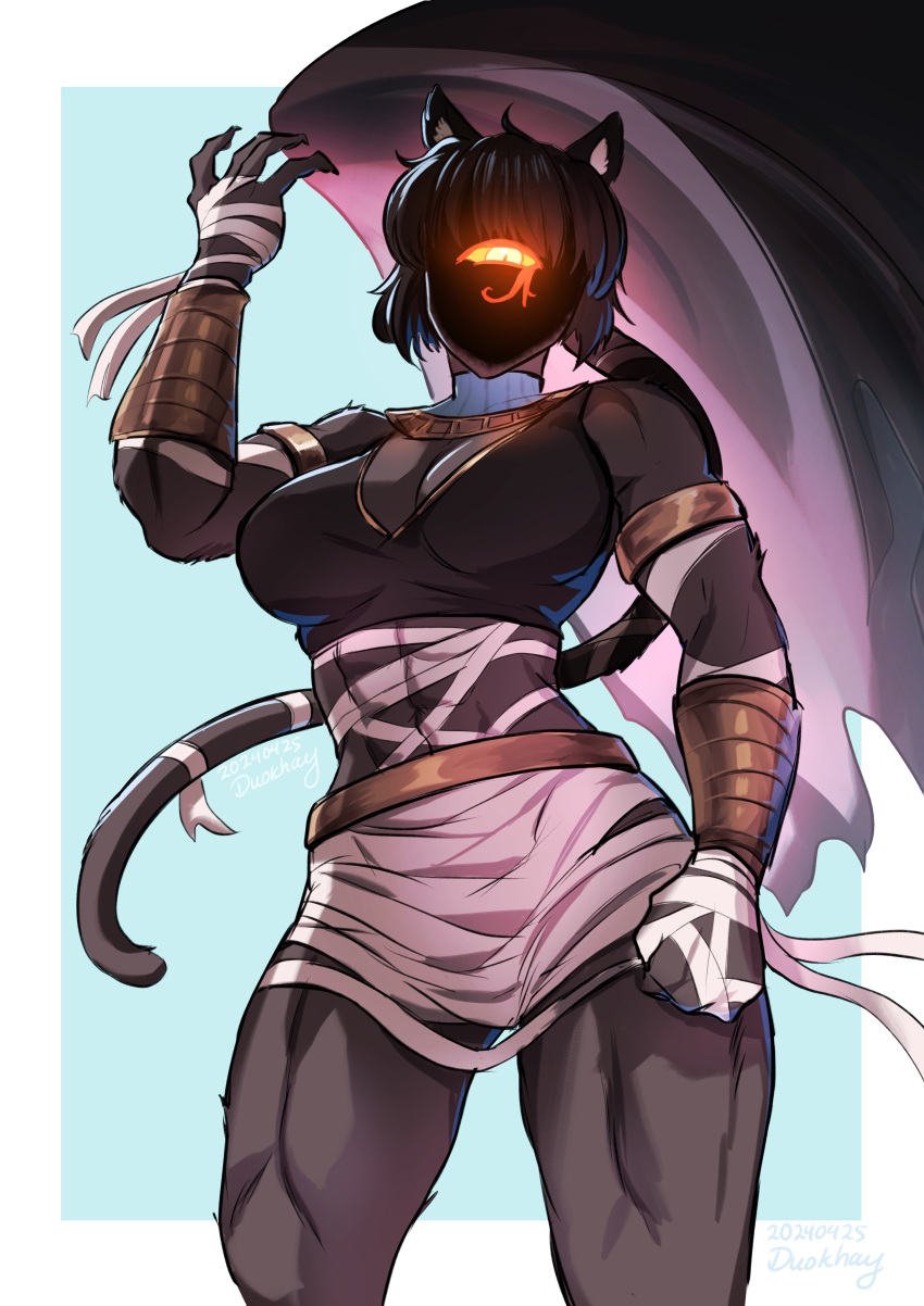 1girl abs absurdres animal_ears armlet artist_name bandaged_arm bandaged_torso bandages biceps black_hair black_skin blue_background border breasts cat_ears cat_girl cat_tail claws cleavage colored_skin cyclops dark-skinned_female dark_skin dated duokhay facial_tattoo furry furry_female glowing glowing_eye highres large_breasts looking_at_viewer muscular muscular_female nyanlathotep one-eyed outside_border redesign removing_cape short_hair simple_background slit_pupils solo sucker_for_love sucker_for_love:_date_to_die_for tail tattoo thighs white_border