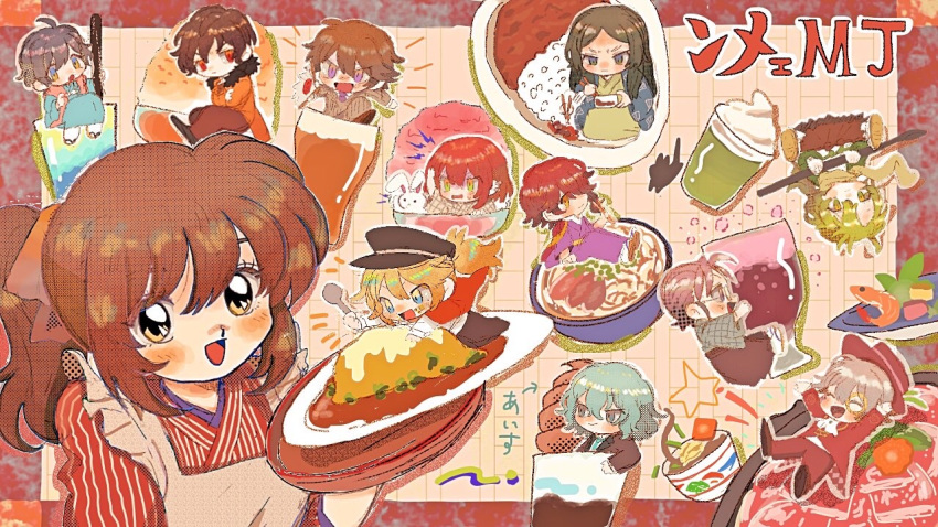 1girl 6+boys ^_^ ahoge alcohol apron arrow_(symbol) ascot ayazuki_mei beer beer_glass black_footwear black_hakama black_hat black_jacket black_pants black_sleeves black_suit blonde_hair blue_eyes blue_hair blue_jacket blue_kimono blue_necktie blush_stickers border bowl brown_footwear brown_hair brown_jacket brown_kimono brown_pants brown_sleeves brown_suit bubble cape character_request charlie_(meiji_tokyo_renka) chibi chopsticks closed_eyes closed_mouth coat coattails collared_jacket commentary_request crossed_arms crossed_legs crumbs cup drinking_glass eating eyelashes food frilled_apron frills fujita_gorou full_body fur-trimmed_coat fur_trim glass glasses green_eyes green_hair green_kimono green_sleeves hair_between_eyes hair_ribbon hakama hakama_skirt haori hat hat_feather hishida_shunsou holding holding_bowl holding_chopsticks holding_food holding_spoon ice_cream in_food izumi_kyouka_(meiji_tokyo_renka) jacket japanese_clothes kawakami_otojirou kimono koizumi_yakumo_(meiji_tokyo_renka) layered_sleeves light_blush long_hair long_sleeves looking_at_viewer loose_hair_strand medium_hair meiji_tokyo_renka monocle mori_ougai_(meiji_tokyo_renka) multiple_boys necktie noodles notice_lines omelet open_clothes open_jacket open_mouth orange_coat orange_eyes orange_ribbon orange_sleeves outline outside_border pants peaked_cap pinstripe_jacket pinstripe_pants pinstripe_pattern pinstripe_suit plaid_kimono plaid_sleeves purple_eyes purple_hair purple_kimono rabbit ramen red_border red_cape red_hair red_hakama red_hat red_jacket red_kimono red_pants red_sleeves red_suit ribbon round_eyewear sandals shirt shoes short_kimono side_ponytail skirt smile socks soda spoon star_(symbol) straight_hair striped_clothes striped_kimono sugi_haeru suit upper_body upside-down vertical-striped_clothes vertical-striped_kimono vertical-striped_sleeves wavy_hair white_apron white_ascot white_background white_outline white_shirt white_sleeves white_socks wide_sleeves wine_glass yellow-framed_eyewear yellow_eyes yellow_footwear