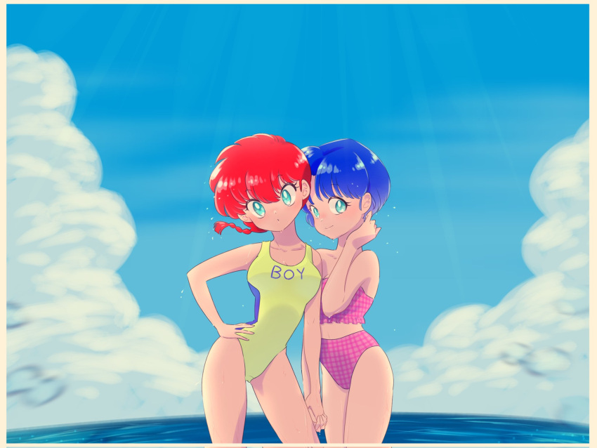 2girls bare_legs beach blue_hair blue_sky braid couple genderswap genderswap_(mtf) highres holding_hands long_hair multiple_girls ocean one-piece_swimsuit punch121ykk ranma-chan ranma_1/2 red_hair short_hair single_braid sky swimsuit tendou_akane water