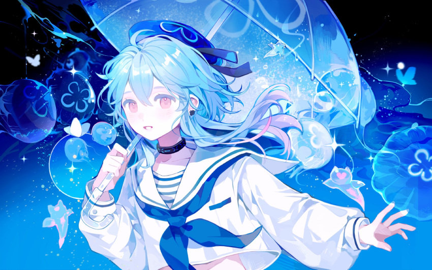 1boy alternate_costume arknights beret blue_background blue_hair blue_hat blue_neckerchief commentary gradient_background gradient_hair hat highres holding holding_umbrella infection_monitor_(arknights) jellyfish light_blue_hair long_sleeves looking_at_viewer male_focus medium_hair midriff_peek mizuki_(arknights) multicolored_hair nanaco_(nana11jellyfish) neckerchief open_mouth pink_eyes puffy_sleeves purple_hair sailor_collar shirt smile solo striped_clothes striped_shirt symbol-only_commentary umbrella upper_body white_sailor_collar white_shirt