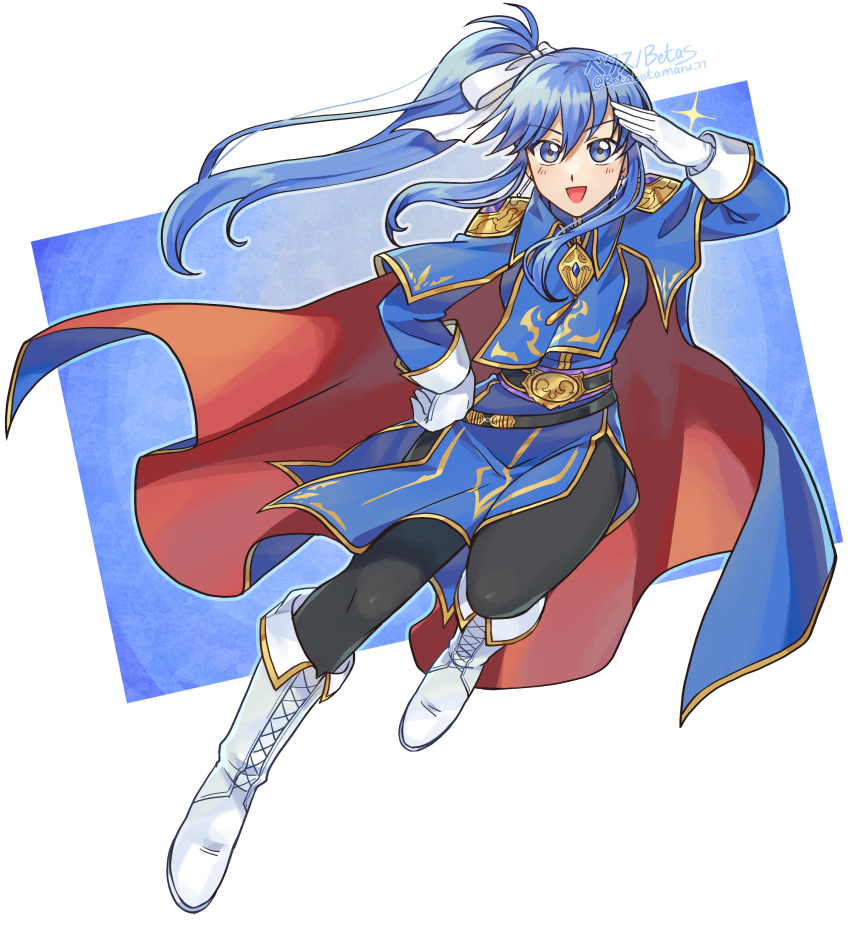 1girl :d absurdres artist_name betabetamaru black_pantyhose blue_background blue_cape blue_eyes blue_hair boots breasts cape commentary_request commission cosplay english_commentary fire_emblem fire_emblem:_genealogy_of_the_holy_war full_body gloves gold_trim hand_on_own_hip high_ponytail highres looking_at_viewer mixed-language_commentary original pantyhose red_cape seliph_(fire_emblem) seliph_(fire_emblem)_(cosplay) small_breasts smile solo sparkle twitter_username two-sided_cape two-sided_fabric two-tone_background two-tone_cape watermark white_background white_footwear white_gloves