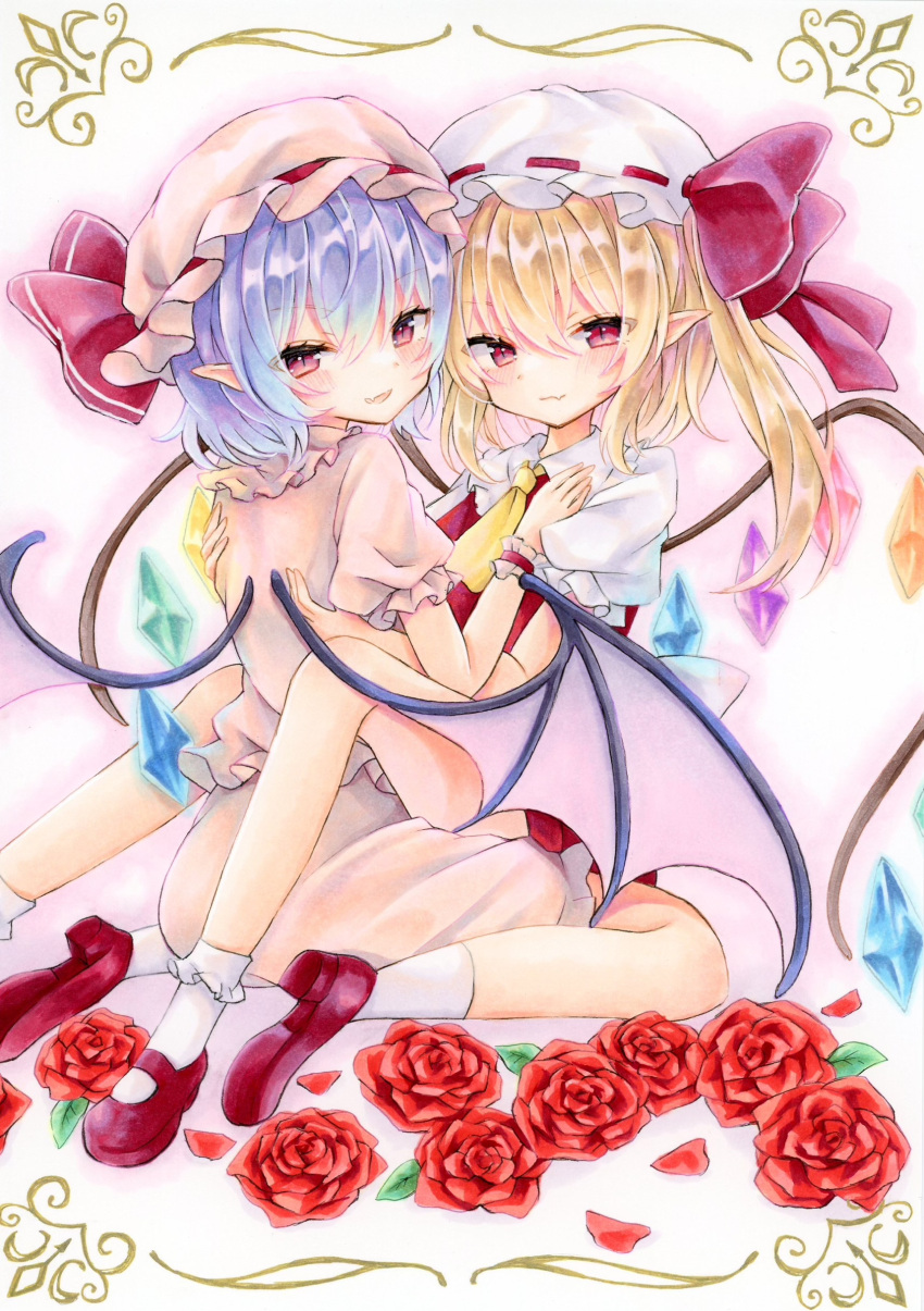 2girls absurdres ascot bat_wings blonde_hair blue_hair crystal_wings flandre_scarlet flower from_behind full_body hat highres looking_at_viewer mary_janes mob_cap multiple_girls natsume_nadeshiko pointy_ears red_eyes red_flower red_ribbon red_rose remilia_scarlet ribbon rose shoes short_hair siblings straddling touhou twins wings yellow_ascot yuri