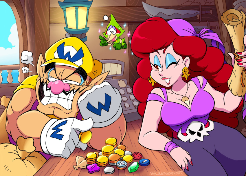 1boy 1girl anger_vein bandana big_nose blue_eyeshadow captain_syrup cleft_chin eyeshadow facial_hair gloves hat highres holding holding_map long_hair lorenzosketches makeup map merfle_(wario_land) muscular mustache nail_polish octopus_earrings one_eye_closed overalls pointy_ears purple_bandana purple_overalls red_hair shirt wario wario_land wario_land:_shake_it! wavy_hair white_gloves yellow_hat yellow_shirt