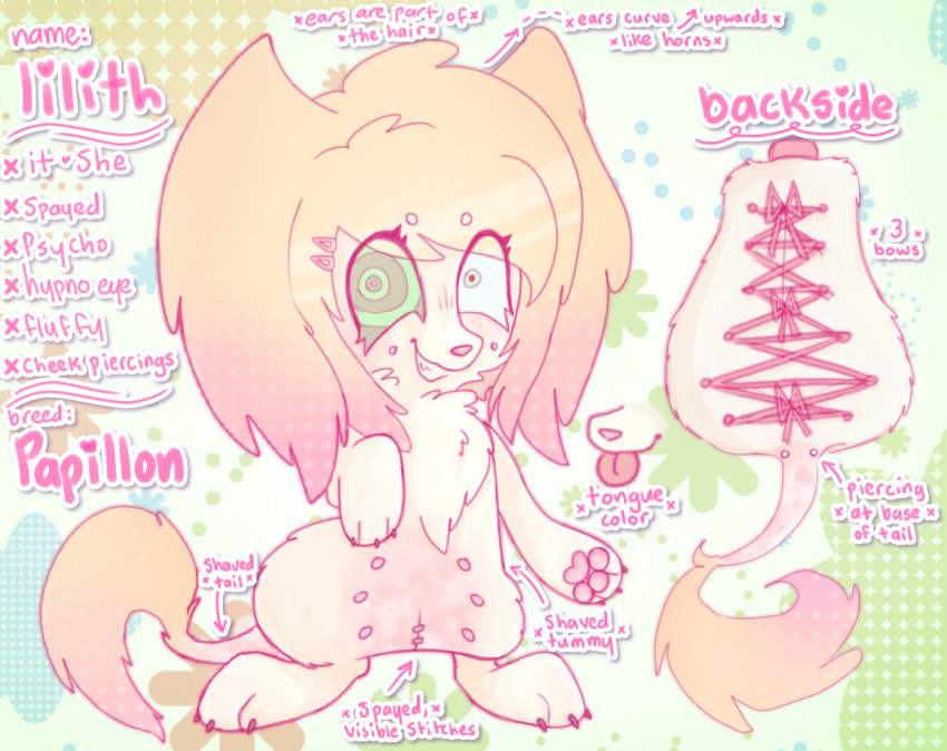 2024 bipedal_feral bow_(feature) canid canine canis character_name domestic_dog english_text eunuch female feral feral_with_hair furgonomics furry-specific_piercing hair heart_symbol hi_res klbblez mammal model_sheet nipples papillon piercing pink_nose pink_text pink_tongue pronouns semi-anthro shaved_fur smile smirk solo spayed spiral_eyes stitch_(sewing) tail tail_piercing text tongue tongue_out toy_dog