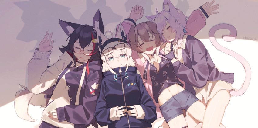 4girls :d absurdres ahoge animal_ears arms_up black_choker black_hair black_hoodie black_shirt blue_eyes blue_shorts bone_print breasts brown_hair cat_ears cat_girl cat_tail choker cuddling drooling eyewear_on_head fox_ears fox_girl glasses hair_ornament hairband hairpin highres hololive hololive_gamers hood hoodie inugami_korone inugami_korone_(loungewear) jacket large_breasts looking_at_viewer lying medium_hair midriff multicolored_hair multiple_girls nekomata_okayu nekomata_okayu_(oversized_shirt) official_art on_back on_side ookami_mio ookami_mio_(casual) pink_jacket purple_hair red-framed_eyewear red_hair shirakami_fubuki shirakami_fubuki_(loungewear) shirt short_shorts shorts sleeping smile streaked_hair tail thigh_strap twitter_username two-tone_hoodie virtual_youtuber westlee_ar white_hoodie wolf_ears wolf_girl zipper_pull_tab