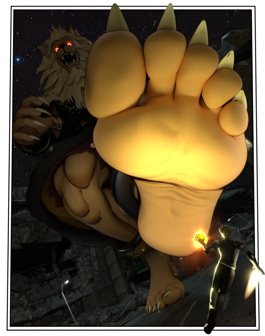 3d_(artwork) anthro barefoot beast_king_(one-punch_man) biped blonde_hair bottomwear building city claws clothed clothing cybernetics cyborg dbzdr digital_media_(artwork) duo feet felid foot_fetish foot_focus fur genos_(one-punch_man) glowing glowing_eyes hair hi_res human humanoid humanoid_feet lion looming looming_foot low-angle_view machine macro male male/male mammal mane muscular muscular_anthro muscular_male night one-punch_man one_(manga) open_mouth outside pantherine plantigrade rubble size_difference smile soles standing step_pose stomping street teeth toes topwear