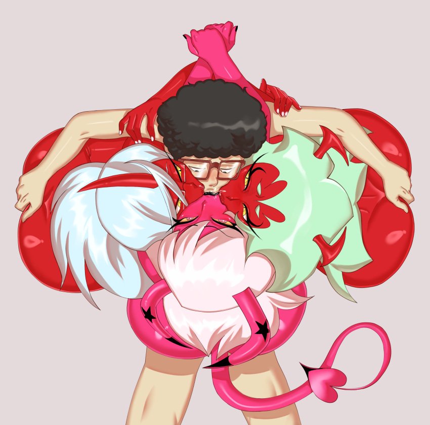 absurd_res demon eyewear female fingering glasses group group_hug group_sex hair helluva_boss hi_res horn hug human humanoid interspecies kissing kneesocks_daemon making_out male male/female mammal panty_and_stocking_with_garterbelt pawgg pink_body red_body scanty_daemon sex spade_tail spy_x_family tail verosika_mayday_(helluva_boss) white_hair