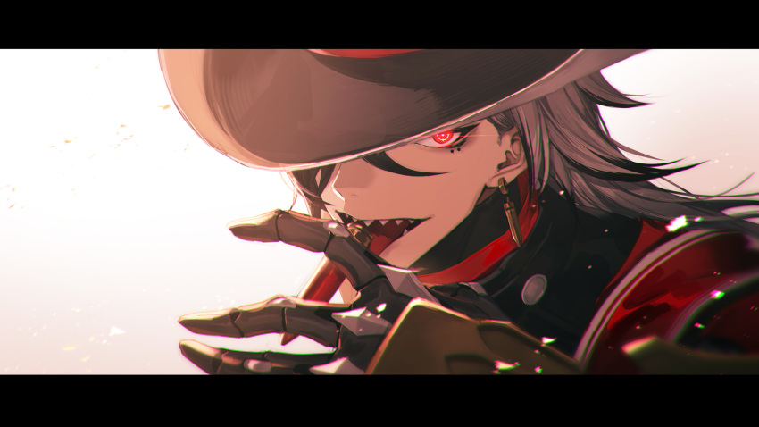 1boy absurdres boothill_(honkai:_star_rail) bullet bullet_earrings bullet_in_mouth cowboy_hat crosshair_pupils earrings hat hat_over_one_eye highres honkai:_star_rail honkai_(series) jewelry long_hair looking_at_viewer male_focus mechanical_arms multicolored_hair namahamu913 open_mouth portrait red_eyes sharp_teeth streaked_hair symbol-shaped_pupils teeth tongue tongue_out white_background white_hair