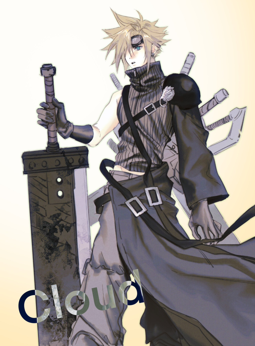 1boy armor belt black_gloves black_pants blonde_hair blue_eyes cloud_strife earrings english_text final_fantasy final_fantasy_vii final_fantasy_vii_advent_children gloves goggles goggles_on_head hair_over_one_eye highres holding holding_sword holding_weapon jewelry male_focus moyanwxy multiple_belts pants shirt shoulder_armor single_earring single_shoulder_pad sleeveless spiked_hair sword sword_on_back turtleneck weapon weapon_on_back zipper zipper_pull_tab