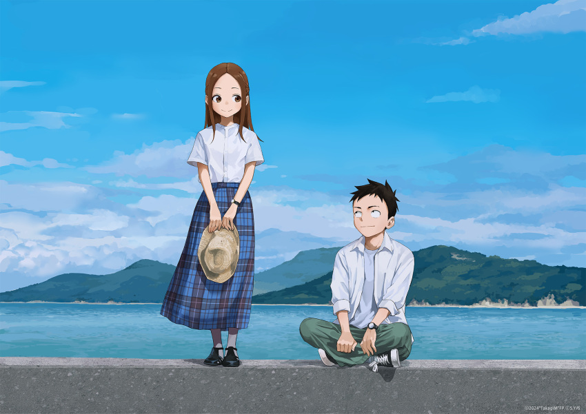 1boy 1girl aged_up black_eyes black_hair blush brown_eyes brown_hair closed_mouth cloud collared_shirt day forehead full_body hat highres karakai_jouzu_no_(moto)_takagi-san karakai_jouzu_no_takagi-san long_hair long_sleeves nishikata ocean parted_bangs shirt short_hair skirt sky smile solo takagi-san white_shirt