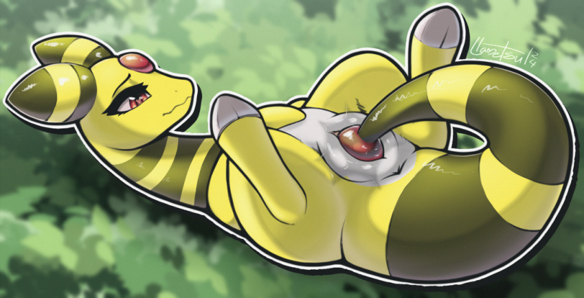 2024 ampharos bodily_fluids digital_media_(artwork) eyebrows eyelashes female feral generation_2_pokemon genital_fluids genitals llametsul lying masturbation nintendo on_back pokemon pokemon_(species) pussy signature solo tail tail_fetish tail_masturbation tail_play tongue tongue_out vaginal_fluids