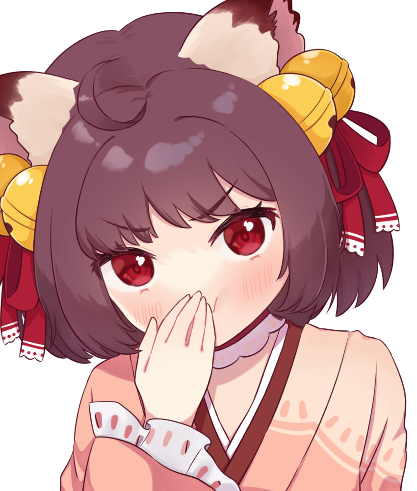 1girl :t ahoge animal_ears bell blush brown_choker brown_hair cat_ears cat_girl choker closed_mouth commentary_request covering_own_mouth hair_bell hair_ornament hair_ribbon highres ichihime japanese_clothes jingle_bell kenkou_na_ityou kimono lace-trimmed_sleeves lace_trim long_sleeves looking_at_viewer mahjong_soul medium_bangs pink_kimono red_eyes red_ribbon ribbon short_hair simple_background solo stifled_laugh upper_body v-shaped_eyebrows white_background wide_sleeves