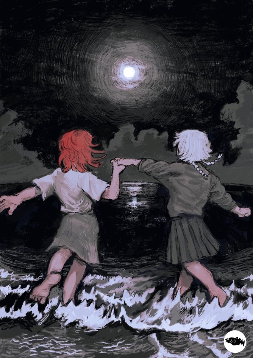 barefoot beach black_sky brown_dress brown_shirt cloud dress from_behind highres holding_hands leg_up mettaflix night ocean original red_hair shirt shore sky t-shirt water white_hair white_shirt