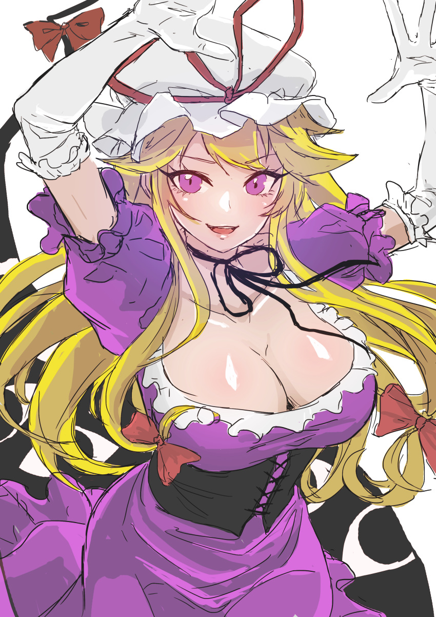 0002koko 1girl absurdres blonde_hair bow breasts cleavage collarbone dress elbow_gloves frilled_hat frills gloves hair_bow hat hat_ribbon highres large_breasts looking_at_viewer mob_cap puffy_short_sleeves puffy_sleeves purple_dress purple_eyes red_ribbon ribbon short_sleeves smile solo touhou white_gloves white_hat yakumo_yukari