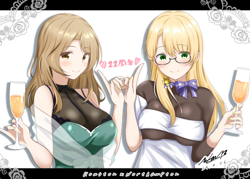 2girls abataa aqua_dress blonde_hair breasts brown_eyes character_name cocktail_glass cup dress drinking_glass glasses green_eyes highres holding holding_cup houston_(anniversary)_(kancolle) houston_(kancolle) kantai_collection large_breasts light_brown_hair long_hair multiple_girls northampton_(anniversary)_(kancolle) northampton_(kancolle) official_alternate_costume semi-rimless_eyewear smile solo white_dress