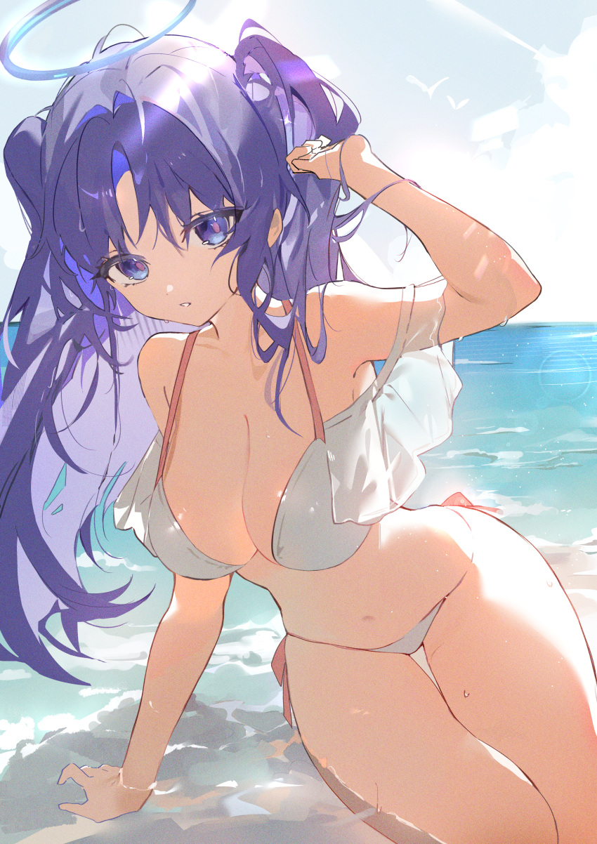 1girl absurdres alternate_costume arm_support arm_up bikini blue_archive breasts cleavage frilled_bikini frills highres large_breasts long_hair looking_at_viewer no_halo ocean outdoors purple_eyes purple_hair r_aeel side-tie_bikini_bottom sitting sky solo swimsuit two_side_up white_bikini yuuka_(blue_archive)